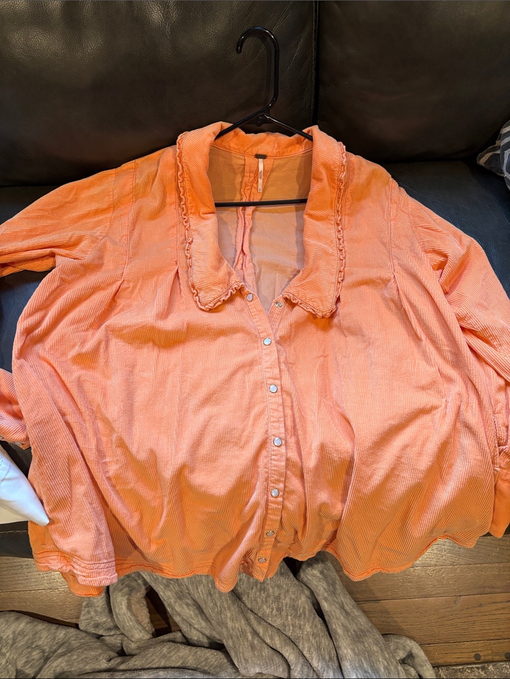Free People Coral Ruffle Collar Button-Down oversized Shirt w/ pearl buttons